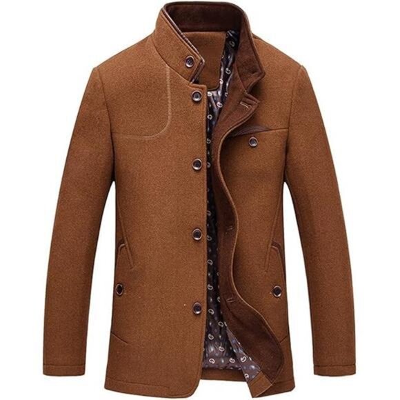 Men's Gentle Band Collar Single Breasted Wool Blend Pea Coat Brown - Picture 7 of 7